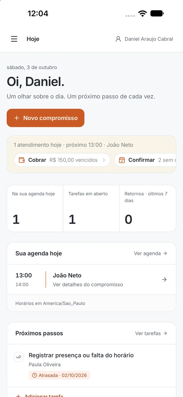 Tela Hoje no app com a agenda do dia, tarefas e próximos passos